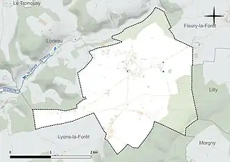 Carte en couleur présentant le réseau hydrographique de la commune