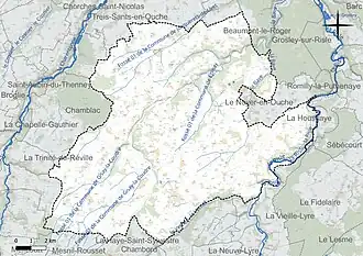 Carte en couleur présentant le réseau hydrographique de la commune