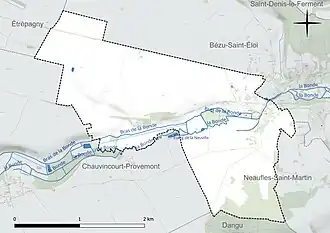Carte en couleur présentant le réseau hydrographique de la commune