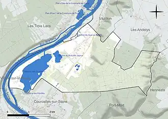 Carte en couleur présentant le réseau hydrographique de la commune