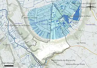 Carte en couleur présentant le réseau hydrographique de la commune