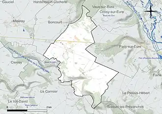 Carte en couleur présentant le réseau hydrographique de la commune