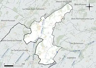 Carte en couleur présentant le réseau hydrographique de la commune