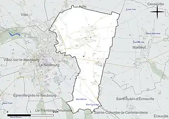 Carte en couleur présentant le réseau hydrographique de la commune