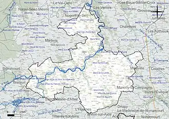 Carte en couleur présentant le réseau hydrographique de la commune