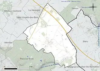 Carte en couleur présentant le réseau hydrographique de la commune