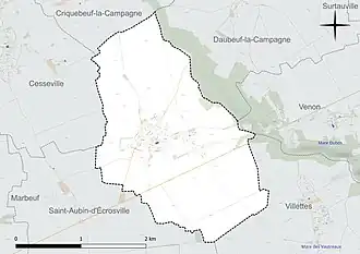 Carte en couleur présentant le réseau hydrographique de la commune