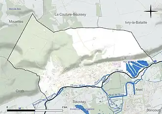 Carte en couleur présentant le réseau hydrographique de la commune