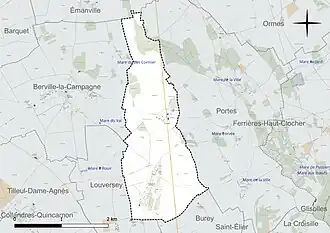 Carte en couleur présentant le réseau hydrographique de la commune