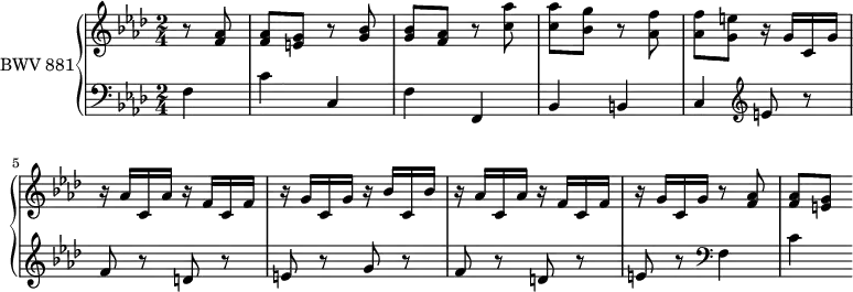 
\version "2.18.2"
\header {
  tagline = ##f
}

upper = \relative c'' {
  \clef treble 
  \key f \minor
  \time 2/4
  \tempo 4 = 56 % les tempos sont ceux de Keller (en général)
  \set Staff.midiInstrument = #"harpsichord" 

   %% PRÉLUDE CBT II-12, BWV 881, fa mineur
   \partial 4 r8 < aes f >8 | q < g e > r8 < bes g > | q < aes f > r8 < aes' c, > | q < g bes, > r8 < f aes, > q < e g, >
   r16 g, c, g' r16 aes c, aes' r16 f c f r16 g c, g' r16 bes c, bes' r16 aes c, aes' r16 f c f r16 g c, g' r8 < aes f >8 |
   q < g e >
   
}

lower = \relative c {
  \clef bass 
  \key f \minor
  \time 2/4
  \set Staff.midiInstrument = #"harpsichord" 
    
   f4 c' c, f f, bes b c
   \clef treble 
   e'8 r8 f r8 d r8 e r8 g r8 f r8 d r8 e r8
   \clef bass 
   f,4 c'
    
} 

\score {
  \new PianoStaff <<
    \set PianoStaff.instrumentName = #"BWV 881"
    \new Staff = "upper" \upper
    \new Staff = "lower" \lower
  >>
  \layout {
    \context {
      \Score
      \remove "Metronome_mark_engraver"
    }
  }
  \midi { }
}
