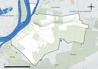Carte en couleur présentant le réseau hydrographique de la commune