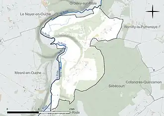 Carte en couleur présentant le réseau hydrographique de la commune