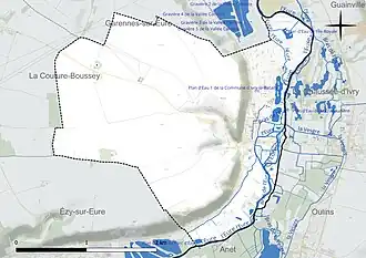 Carte en couleur présentant le réseau hydrographique de la commune