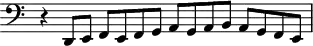 
\header {
  tagline = ##f
}

\score {
  \new Staff \with {
     \remove "Time_signature_engraver"
  }
<<
  \relative c {
    \key c \major
    \clef bass
    \time 2/1
    \override TupletBracket #'bracket-visibility = ##f 

     %%% f° 58v-59
     r4 d,8[ e] f[ e f g] a[ g a b] a g f e

  }
>>
  \layout {
     \context { \Score \remove "Metronome_mark_engraver" }
  }
  \midi {}
}
