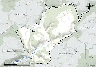 Carte en couleur présentant le réseau hydrographique de la commune