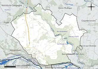 Carte en couleur présentant le réseau hydrographique de la commune