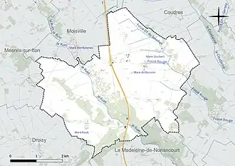 Carte en couleur présentant le réseau hydrographique de la commune