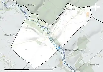 Carte en couleur présentant le réseau hydrographique de la commune