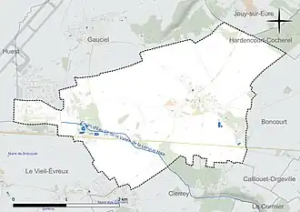 Carte en couleur présentant le réseau hydrographique de la commune