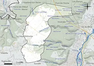 Carte en couleur présentant le réseau hydrographique de la commune