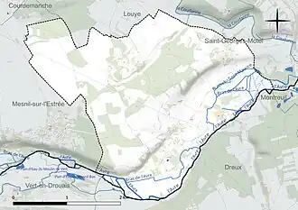 Carte en couleur présentant le réseau hydrographique de la commune