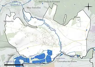 Carte en couleur présentant le réseau hydrographique de la commune