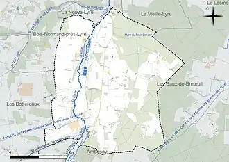 Carte en couleur présentant le réseau hydrographique de la commune