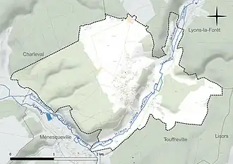 Carte en couleur présentant le réseau hydrographique de la commune