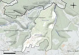 Carte en couleur présentant le réseau hydrographique de la commune