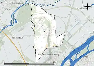 Carte en couleur présentant le réseau hydrographique de la commune