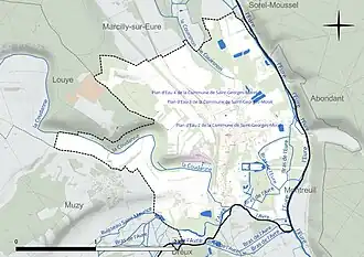 Carte en couleur présentant le réseau hydrographique de la commune