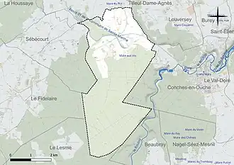Carte en couleur présentant le réseau hydrographique de la commune