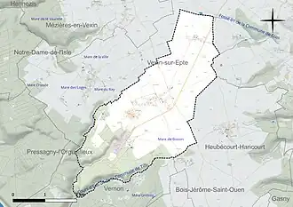 Carte en couleur présentant le réseau hydrographique de la commune