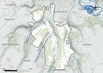 Carte en couleur présentant le réseau hydrographique de la commune