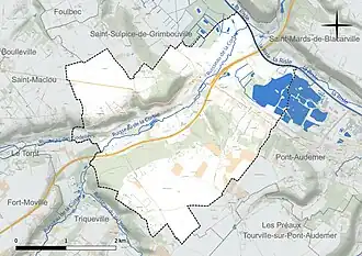 Carte en couleur présentant le réseau hydrographique de la commune