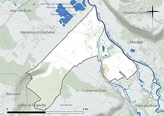 Carte en couleur présentant le réseau hydrographique de la commune