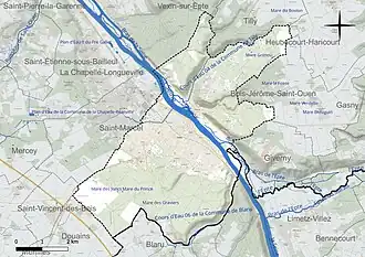 Carte en couleur présentant le réseau hydrographique de la commune