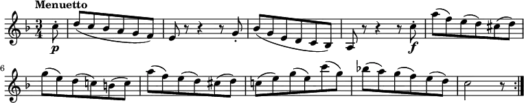 
  \relative c' {
  \version "2.18.2"
  \tempo "Menuetto"
  \key f \major
  \time 3/4
  \partial 8 c'8-.\p d (c bes a g f) 
  e r8 r4 r8 g-.
  bes (g e d c bes) 
  a r8 r4 r8 c'8-.\f
  a' (f) e (d) cis (d)
  g (e) d (c!) b (c)
  a' (f) e (d) cis (d)
  c! (e) g (e) c' (g)
  bes! (a) g (f) e (d)
  c2 r8 \bar ":|."
}
