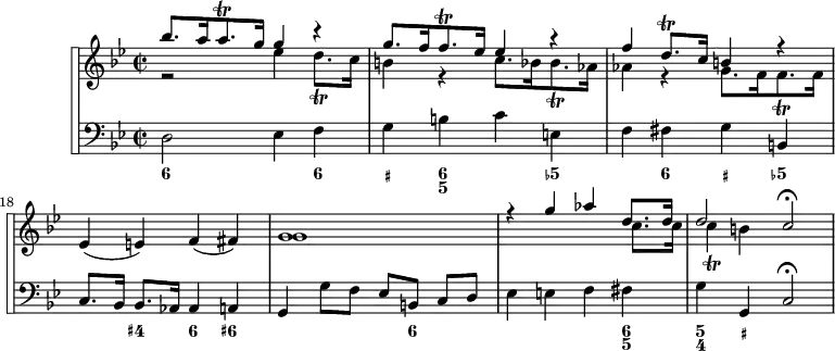 
\version "2.18.2"
\header {
  tagline = ##f
}

\score {

 \new StaffGroup <<
\set StaffGroup.systemStartDelimiter = #'SystemStartSquare
    \new Staff {
      \relative c'' {
      \key g \minor
      \time 2/2
      \tempo 4 = 70
      \autoBeamOff
      \clef treble
      \set Score.currentBarNumber = #15
      \override Rest #'style = #'classical
      \set Staff.midiInstrument = #"violin"

   % Violon
   << { bes'8. a16 a8.\trill g16 g4 r4 } \\ { r2 ees4 d8.\trill c16 } >>
   << { g'8. f16 f8.\trill ees16 ees4 r4 } \\ { b4 r4 c8. bes16 bes8.\trill aes16 } >>
   << { f'4 d8.\trill c16 b4 r4 } \\ { aes4 r4 g8. f16 f8.\trill f16 } >>
   ees4( e4) f( fis)
   << { g1 } \\ { g1 } >>
   << { r4 g'4 aes d,8. d16 } \\ { s2 s4 c8. c16 } >>
   << { d2 c\fermata } \\ { c4\trill b } >>

    }
}
    \new Staff {
  <<
      \key g \minor
    \set Staff.midiInstrument = #"recorder"

    \new Voice { \clef bass d2 ees4 f | g b c' e | f fis g b, | c8.[ bes,16] bes,8.[ aes,16] aes,4 a, | g, g8[ f] ees[ b,] c[ d] | ees4 e f fis | g4 g, c2\fermata }
    \new FiguredBass {
      \figuremode {
      < 6 >2 s4 < 6 >4
      % original #, 1959 bécarre, exp. #
      < _+ >4 < 6 5 >4 s4 < 5- >4
      s4 < 6 >4 < _+ >4 < 5- >4
      < _ >4 < 4+ >4 < 6 >4 < 6+ >4
      < _ >2 < _ >8 < 6 >8 < _ >4
      < _ >4 < _ >4 < _ >4 < 6 5 >4
      < 5 4 >4 < _+ >4
      }
    }
  >>
    }
 >>
  \layout {
    \context {
      \Score
      \remove "Metronome_mark_engraver"
    }
  }
  \midi {}
}
