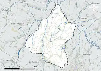 Carte en couleur présentant le réseau hydrographique de la commune