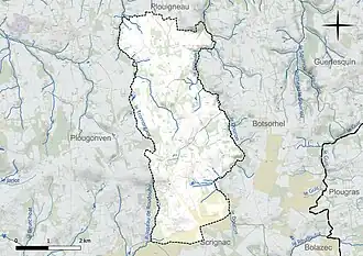 Carte en couleur présentant le réseau hydrographique de la commune