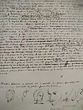 Manuscrit littéraire avec croquis préparatoires.