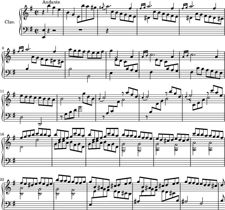 
\version "2.18.2"
\header {
  tagline = ##f
  % composer = "Domenico Scarlatti"
  % opus = "K. 232"
  % meter = "Andante"
}

%% les petites notes
%trillBesp     = { \tag #'print { bes4.\prall } \tag #'midi { c32 bes c bes~ bes4 } }

upper = \relative c'' {
  \clef treble 
  \key e \minor
  \time 2/2
  \tempo 2 = 72
  \set Staff.midiInstrument = #"harpsichord"
  \override TupletBracket.bracket-visibility = ##f

      s8*0^\markup{Andante}
      r4 b'4 g e | b g e8 b'' a gis | \appoggiatura gis8 a2. \stemUp fis4 | \repeat unfold 3 { \grace { \tempo 2 = 30 fis16 g }   \tempo 2 = 72 a2. \stemUp fis4 } \stemNeutral 
      % ms. 7
      a8 g g fis fis e e fis | g4 g,2 a4 |
      % ms. 9
      \repeat unfold 2 { \grace { \tempo 2 = 30 a16 b } \tempo 2 = 72 c2. a4 } | e'8 d d c c b b a | b2 r8 g'8 d b |
      % ms. 13
      \appoggiatura b4 \stemUp c2 g'8\rest a8 fis d | \appoggiatura c4 d2 g8\rest b8 g d | \appoggiatura d4 e2 g8\rest c8 a e | fis g a b c b b a |
      % ms. 17
      \repeat unfold 2 { b8 d, e fis g c b a } | b a a g g fis fis e | \repeat unfold 2 { e d cis d }
      % ms. 21
      c'8 b b a a g g fis| \repeat unfold 2 { fis e dis e } | b'8 a a g g fis fis g | \repeat unfold 2 { g b, ais b cis d e fis } |
      % ms. 26
      g8 fis fis e e d d cis | d
      % ms. 29
      

}

lower = \relative c' {
  \clef bass
  \key e \minor
  \time 2/2
  \set Staff.midiInstrument = #"harpsichord"
  \override TupletBracket.bracket-visibility = ##f

    % ************************************** \appoggiatura a16  \repeat unfold 2 {  } \times 2/3 { }   \omit TupletNumber 
      < e,, e' >4 r4 r2 | R1 | r4 \stemDown \change Staff = "upper" \repeat unfold 2 { c'''8 b a g fis e |
      % ms. 5
      dis4 } a'8 g fis e dis cis | \stemUp \change Staff = "lower" b4   \stemDown \change Staff = "upper" a'8 g fis e dis cis | \stemNeutral \change Staff = "lower" b2 b,2 | e4 \repeat unfold 2 { \stemDown \change Staff = "upper" e'8 d c \stemNeutral \change Staff = "lower" b a g |
      % ms. 9
      fis4 } c'8 b a g fis e | d2 d, | r8 g'8 b d g2 |
      % ms. 13
      r8 a,8 c \stemDown \change Staff = "upper" fis a2 | \stemUp \change Staff = "lower" r8 b,8 \stemDown \change Staff = "upper"  d g b2 | r8 c,8 e a c2 | d, d' |
      % ms. 17
      \repeat unfold 2 { g,8 b c a b fis g d } | < g, g' >2 q | < a g' > < a fis' >
      % ms. 21
      < a a' >2 q | < b a' > < b g' > | q < b fis' > | \stemUp \change Staff = "lower" e,8  \stemDown \change Staff = "upper"  e' g fis e d cis b |
      % ms. 25
      \stemUp \change Staff = "lower" ais8  \stemDown \change Staff = "upper" e' g fis e d cis \stemUp \change Staff = "lower"  b | ais2 fis | b8
      % ms. 29
      

}

thePianoStaff = \new PianoStaff <<
    \set PianoStaff.instrumentName = #"Clav."
    \new Staff = "upper" \upper
    \new Staff = "lower" \lower
  >>

\score {
  \keepWithTag #'print \thePianoStaff
  \layout {
      #(layout-set-staff-size 17)
    \context {
      \Score
     \override SpacingSpanner.common-shortest-duration = #(ly:make-moment 1/2)
      \remove "Metronome_mark_engraver"
    }
  }
}

\score {
  \keepWithTag #'midi \thePianoStaff
  \midi { }
}
