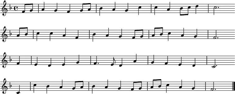 
\new Staff <<
\clef treble \key f \major {
   \time 4/4 \partial 4   
   \relative f' {
	f8 g | a4 g f g8 a | bes4 a g c | c a bes8 c d4 | c2. \bar"" \break
    a8 bes | c4 c a f | bes a g f8 g | a bes c4 a g | f2. \bar"" \break
    f4 | e d e g | f4. e8 d4 a' | g f e d | c2. \bar"" \break
    c4 | c' bes a g8 a | bes4 a g f8 g | a bes c4 a g | f2. \bar"|."
   }
  }
%\new Lyrics \lyricmode {
%}
>>
\layout { indent = #0 }
\midi { \tempo 4 = 86 }
