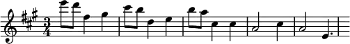 
\new Staff {
  \relative c' {
    \key a \major
    \time 3/4
    e''8 d8 fis,4 gis4
    cis8 b8 d,4 e4
    b'8 a8 cis,4 cis
    a2 cis 4 a2 e4.
  }
}
\midi {
  \context {
    \Score
    tempoWholesPerMinute = #(ly:make-moment 120 4)
  }
}
