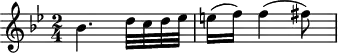 
\header {
  tagline = ##f
}

\score {
  \new Staff \with {

  }
<<
  \relative c'' {
    \key bes \major
    \time 2/4
    \override TupletBracket #'bracket-visibility = ##f 
    %\autoBeamOff

     %%%%%%%%%%%%%%%%%%%%%%%%%% K9&/5a
         bes4. d32 c d ees
         e16 (f) f4 (fis8)

  }
>>
  \layout {
    \context {
      \remove "Metronome_mark_engraver"
    }
  }
  \midi {}
}
