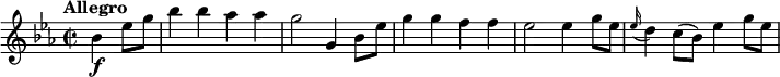 
\relative c'' {
    \version "2.18.2"
    \key ees  \major 
    \tempo "Allegro"
    \time 2/2
    \partial2 bes4\f ees8  g bes4 bes aes aes g2
     g,4 bes8 ees  g4 g f f
     ees2 ees4 g8 ees
      \grace ees16 (d4) c8 (bes) ees4 g8 ees 
}
