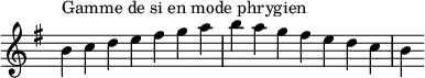 {
\override Score.TimeSignature #'stencil = ##f
\relative c'' {
  \key b \phrygian
  \clef treble \time 7/4
  b4^\markup { Gamme de si en mode phrygien } c d e fis g a b a g fis e d c b
} }
