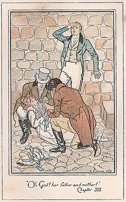 Louisa, évanouie, est soutenue par son frère. Frederick s'appuie au mur, une main sur le front