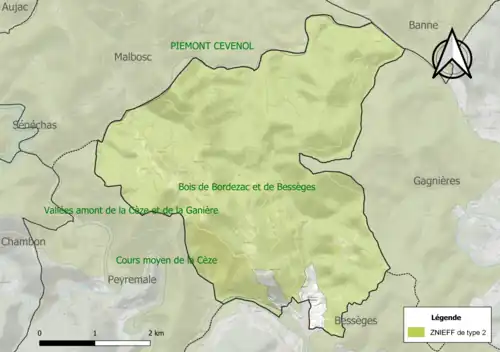 Carte des ZNIEFF de type 2 sur la commune.